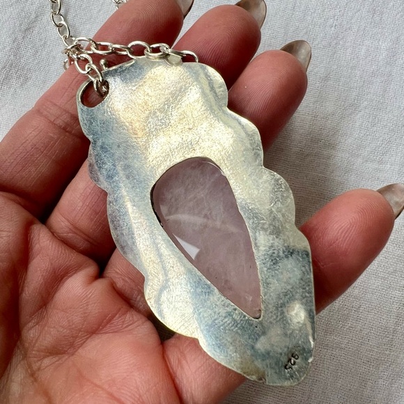 925 Rose Quartz + Larimar Statement Toggle Necklace - Picture 5 of 7